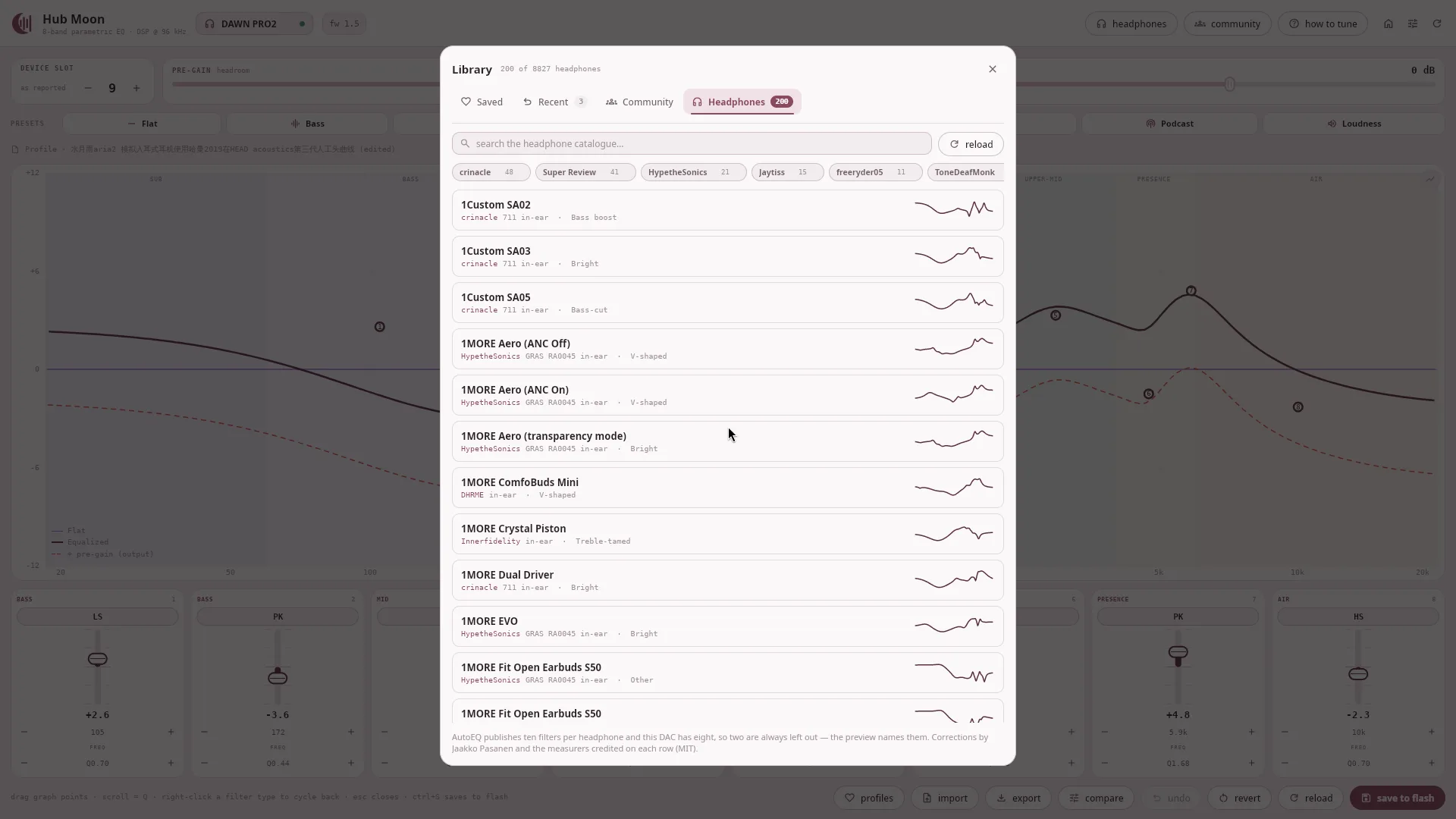 The 2.0 Library on its Headphones tab: a chip per measurer with counts, and every row drawing its own correction curve beside the model name and the shape it works out to