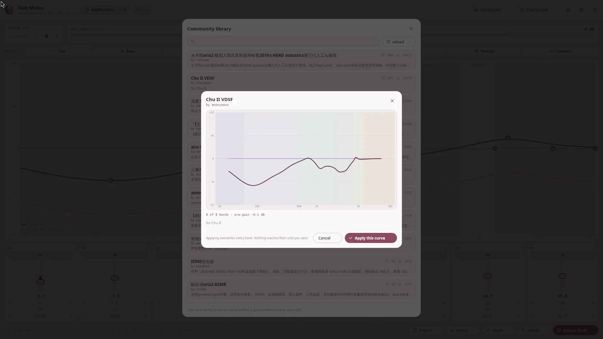 A community config open in a preview dialog, showing its response curve, band count and derived pre-gain before anything is applied