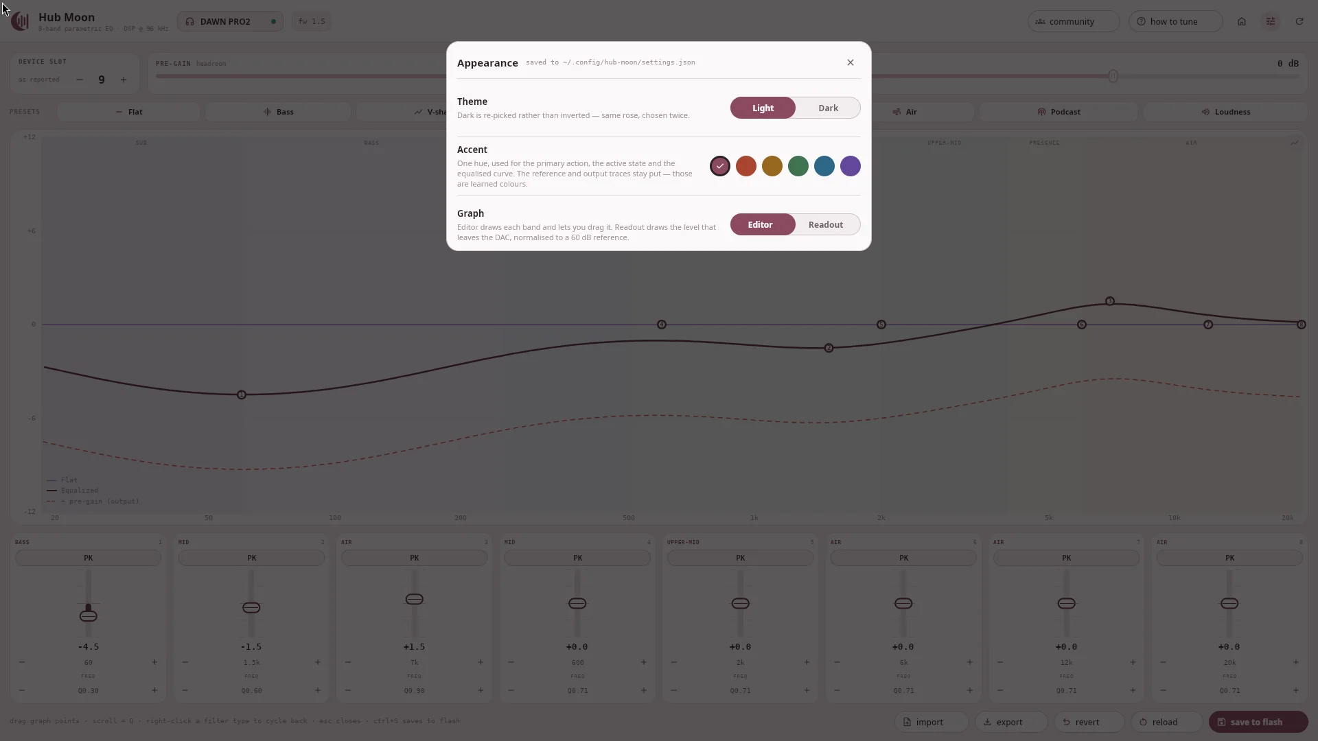 The appearance sheet: light and dark, six accent swatches, and the graph view toggle